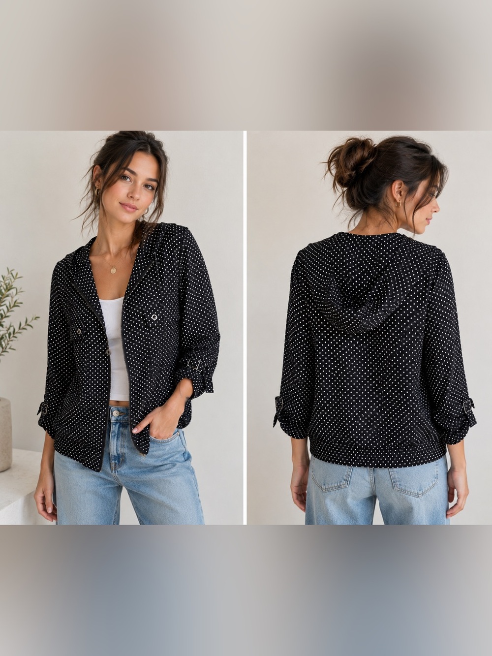Vintage 100% Silk Polka Dot Hooded Jacket 3 L Black White Lightweight Y2K Preppy